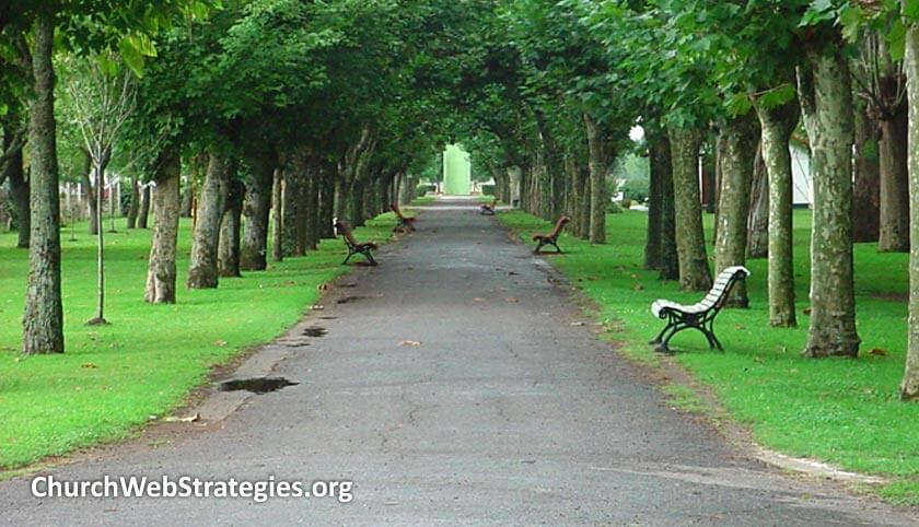path lined with park benches at a park