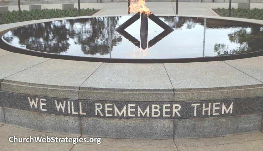 Memorial fountain that says "We will remember them"