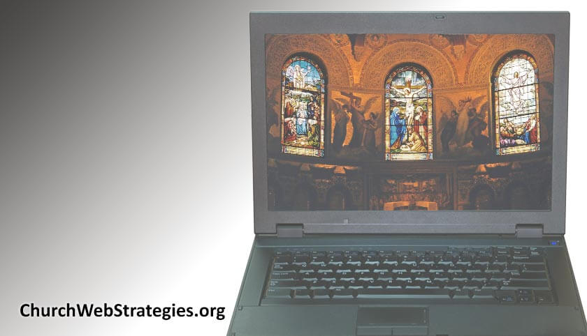 laptop computer showing inside of a church on the screen
