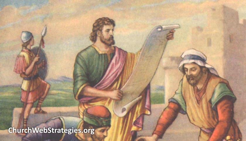 Hebrew looking at scroll while workers build a wall
